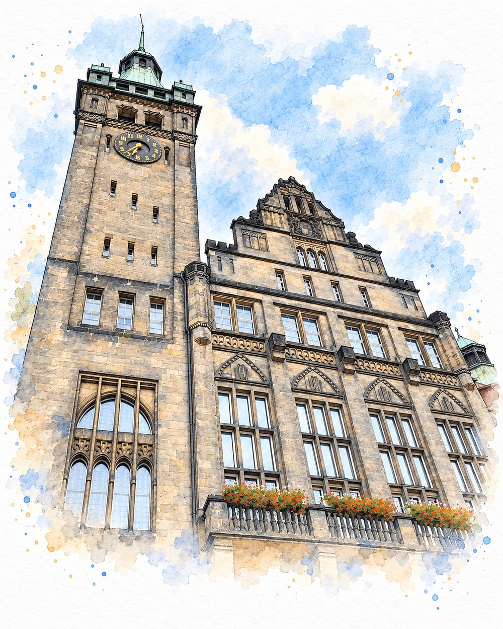 Tusche-Aquarellillustration: Neues Rathaus Chemnitz