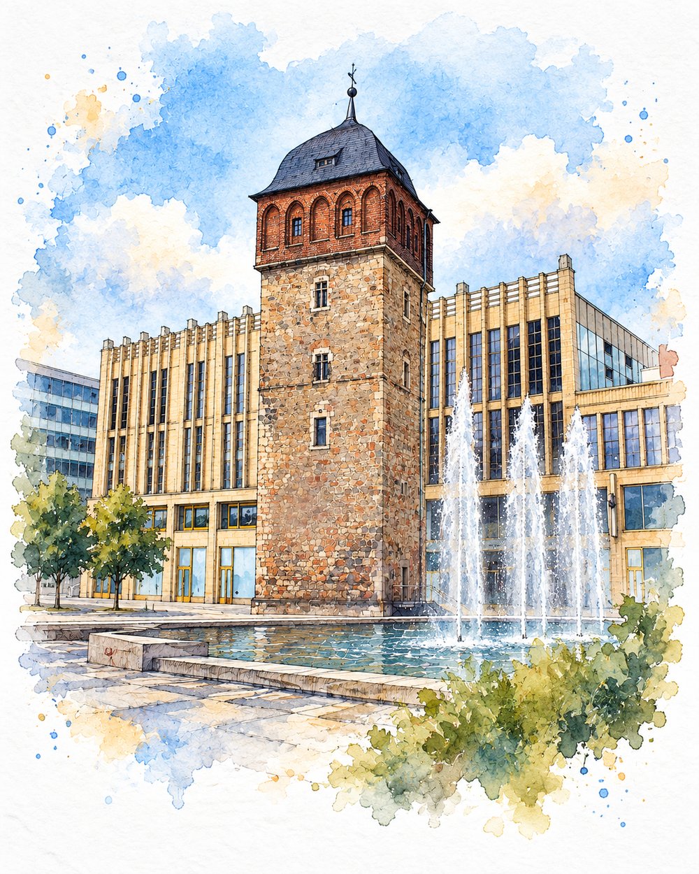 Tusche-Aquarellillustration: Roter Turm