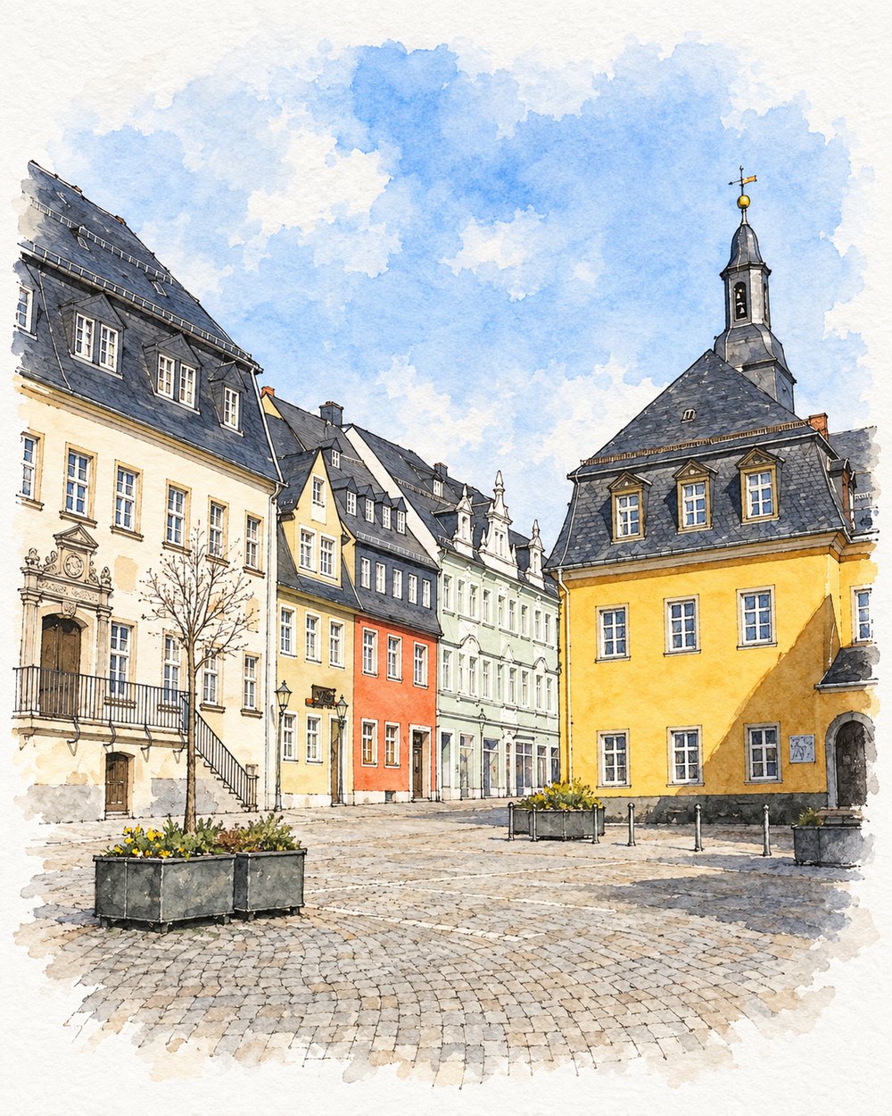 Tusche-Aquarellillustration: Untermarkt mit den Rathäusern · Zschopau