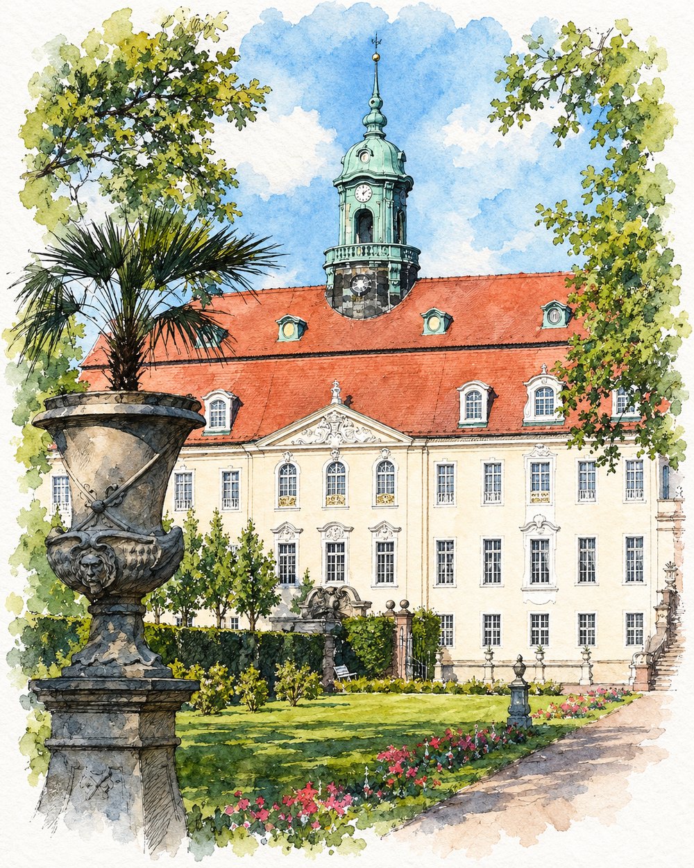 Tusche-Aquarellillustration: Schloss Lichtenwalde · Schloss & Park Lichtenwalde