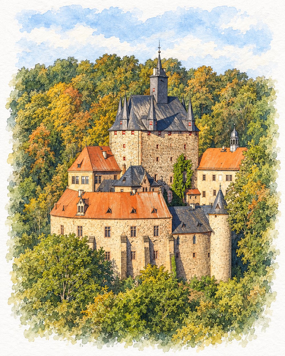 Tusche-Aquarellillustration: Burg Kriebstein über der Zschopau · Burg Kriebstein