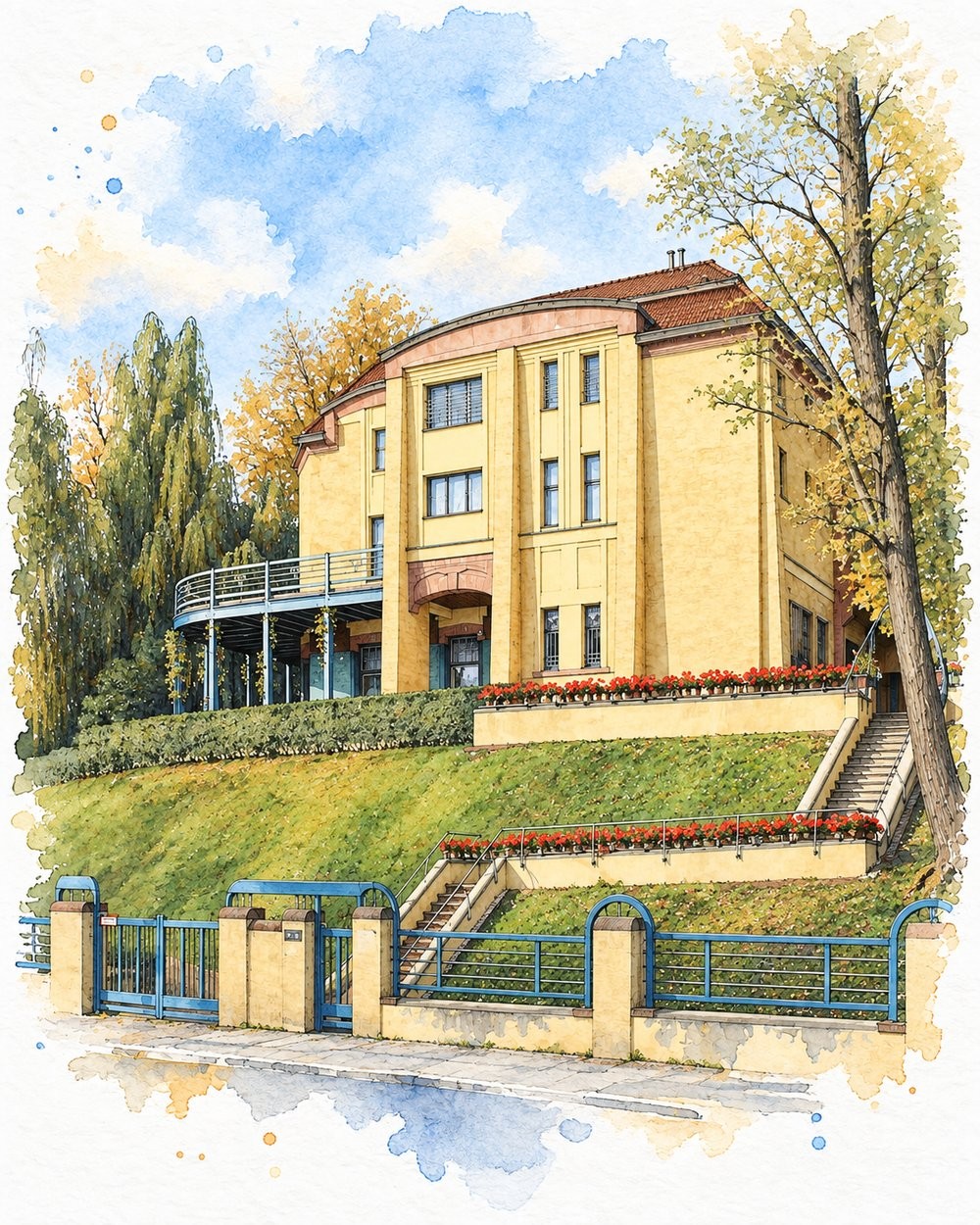 Tusche-Aquarellillustration: Villa Esche