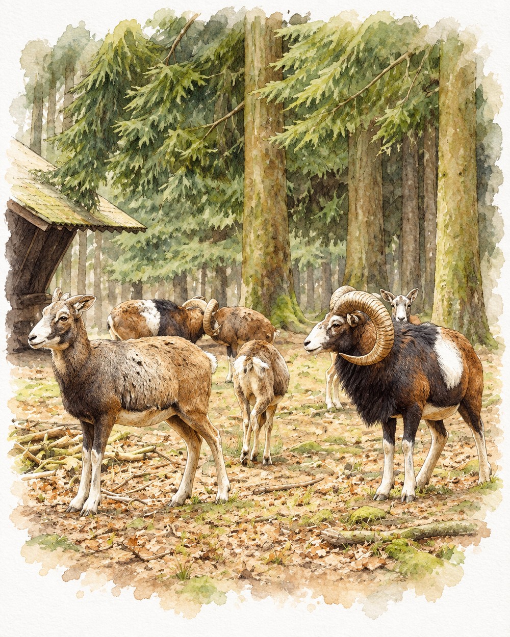 Tusche-Aquarellillustration: Mufflons im Wildgatter Oberrabenstein
