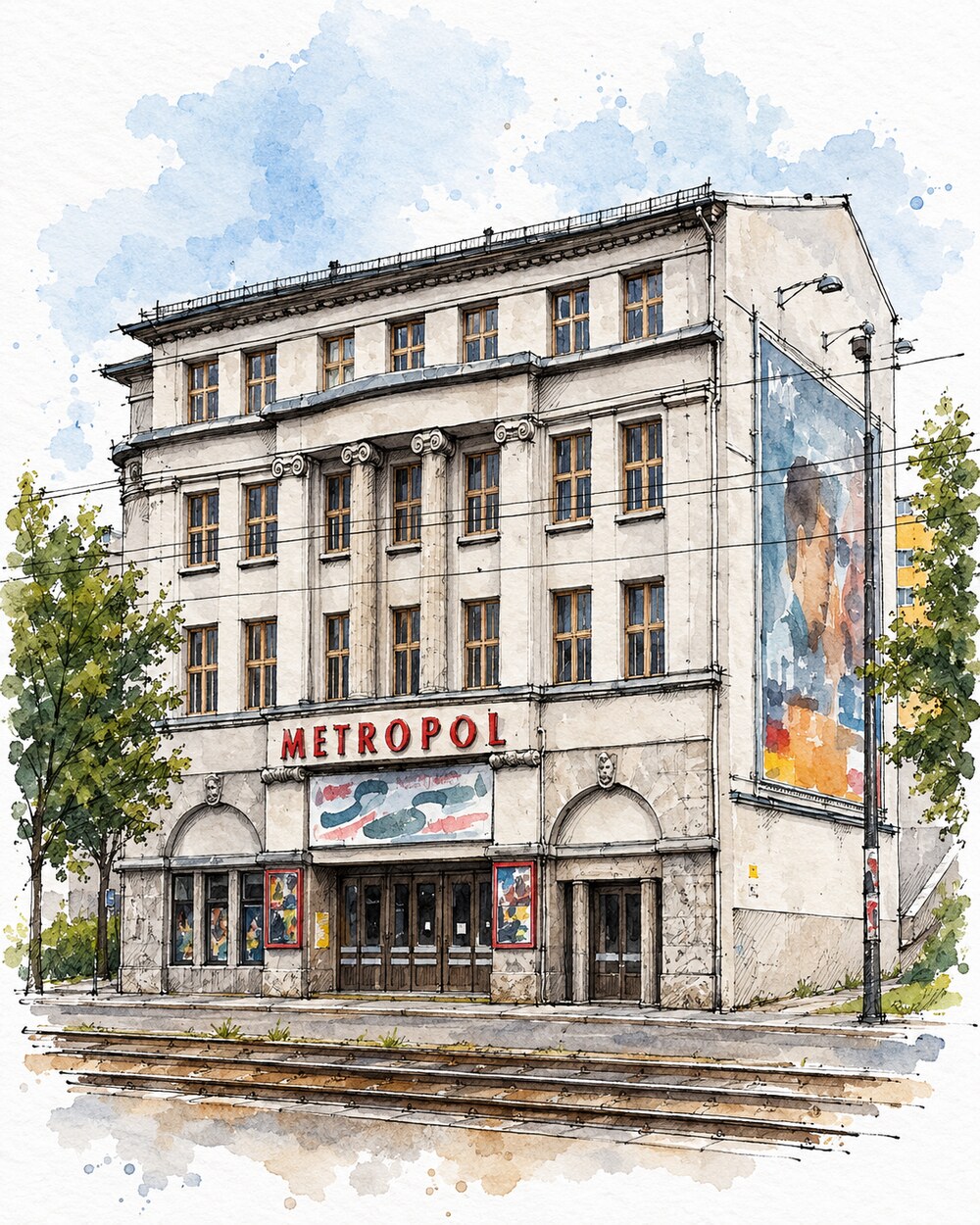 Urban-Sketch-Illustration des historischen Metropol-Kinos in Chemnitz