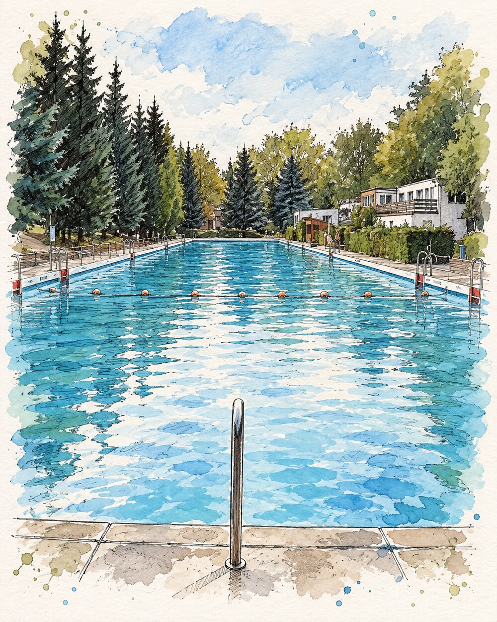 Tusche- und Aquarellillustration des langen Schwimmbeckens im Freibad Bernsdorf