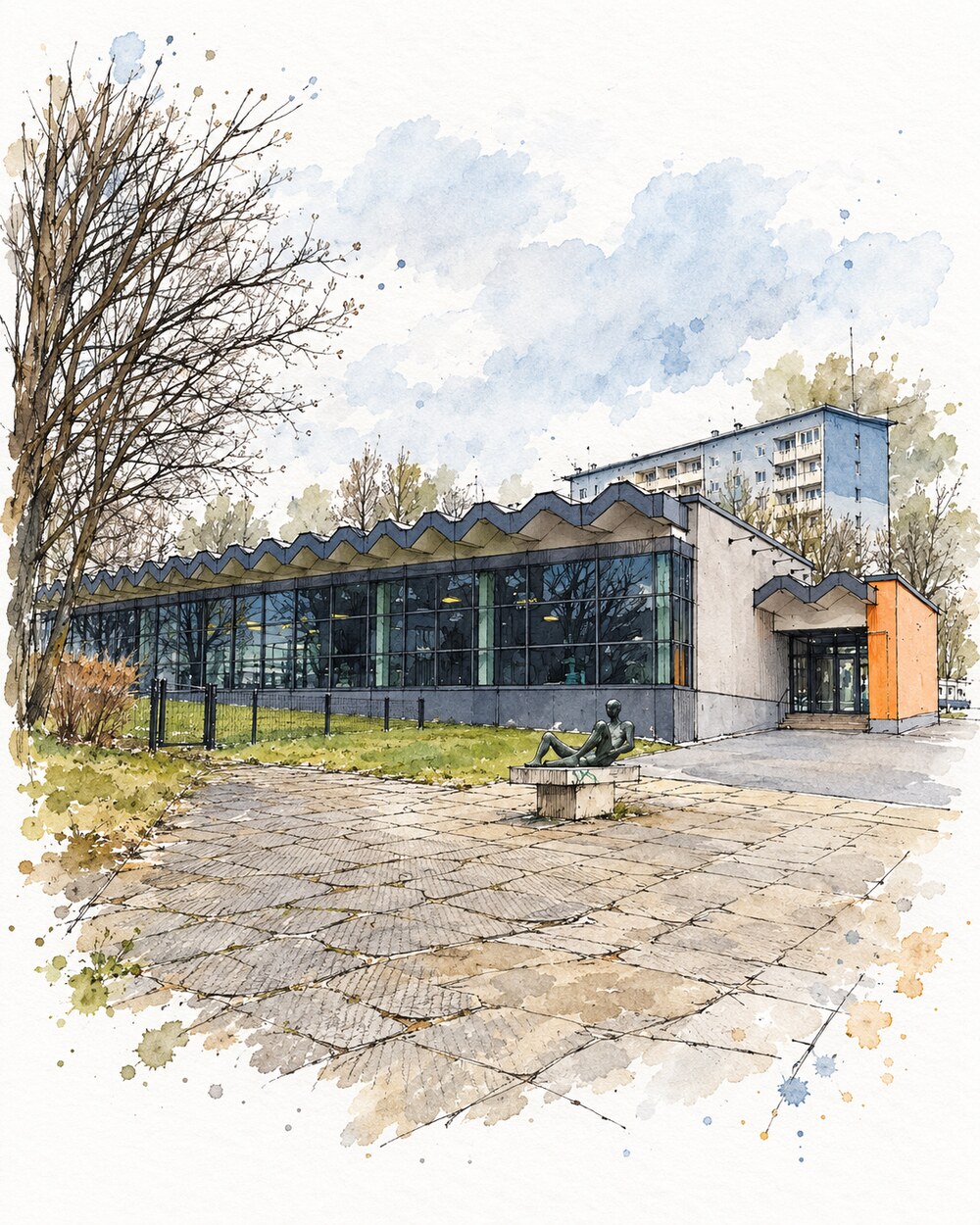 Urban-Sketch-Illustration der Schwimmhalle Gablenz in Chemnitz
