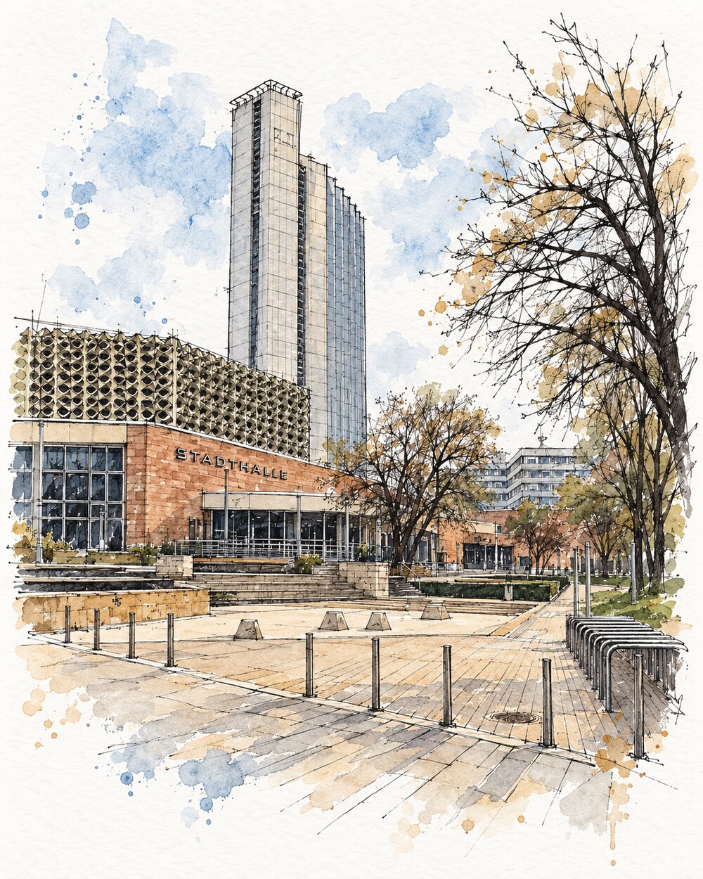Urban-Sketch-Illustration der Stadthalle Chemnitz mit Stadthallenbrunnen