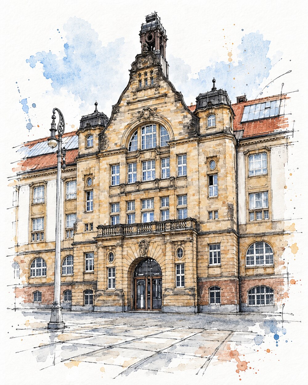 Tusche-Aquarell-Illustration der Kunstsammlungen Chemnitz am Theaterplatz