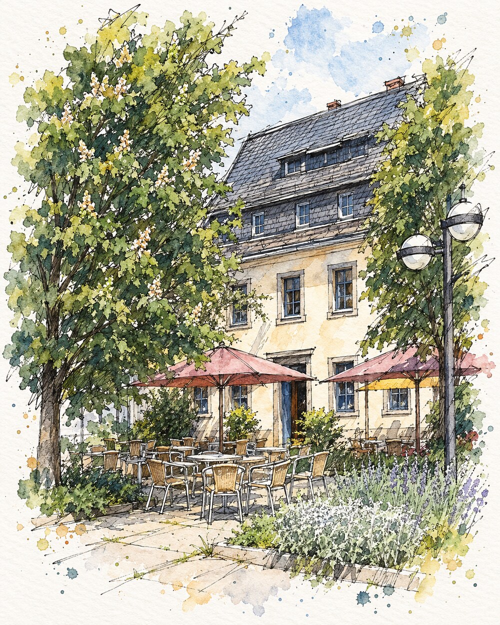Handgezeichnete Illustration des Restaurants Heck-Art mit Terrasse in Chemnitz