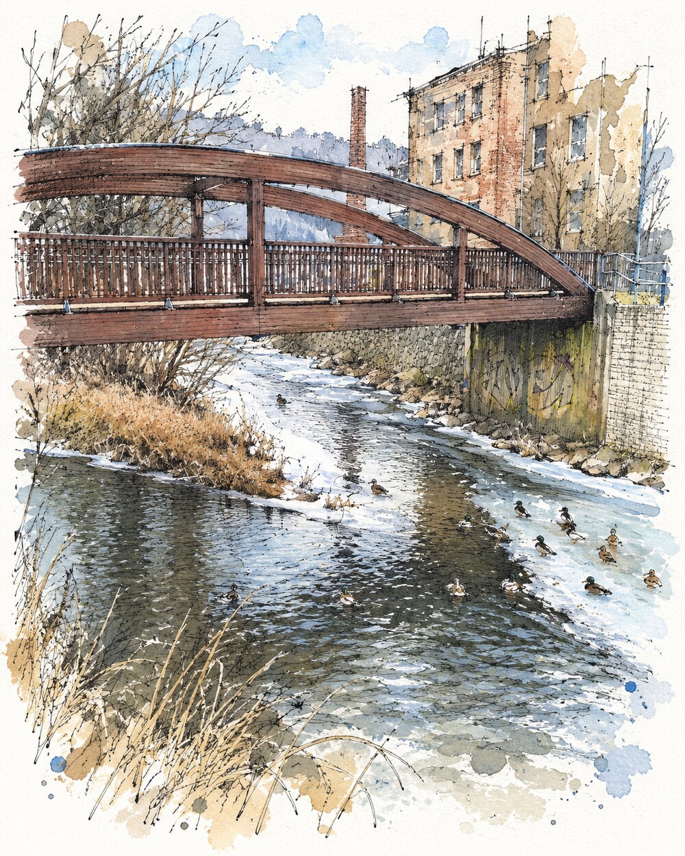 Tusche-Aquarell-Illustration der Chemnitz im Umfeld der Georgestraße und des Malula