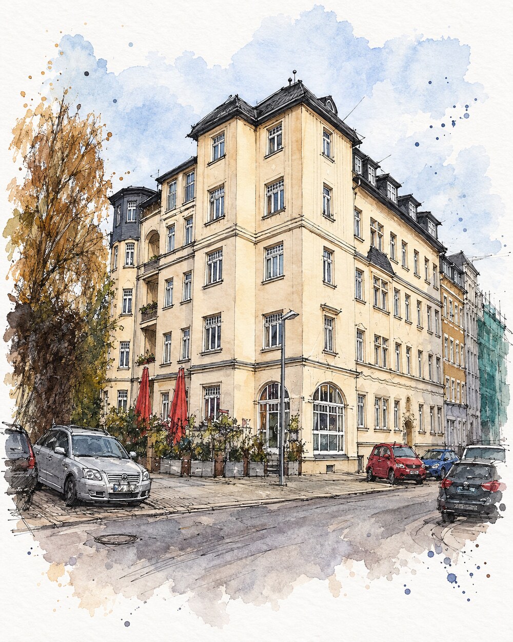 Urban-Sketch-Illustration zum Standort von Trattoria Da Nino in Chemnitz