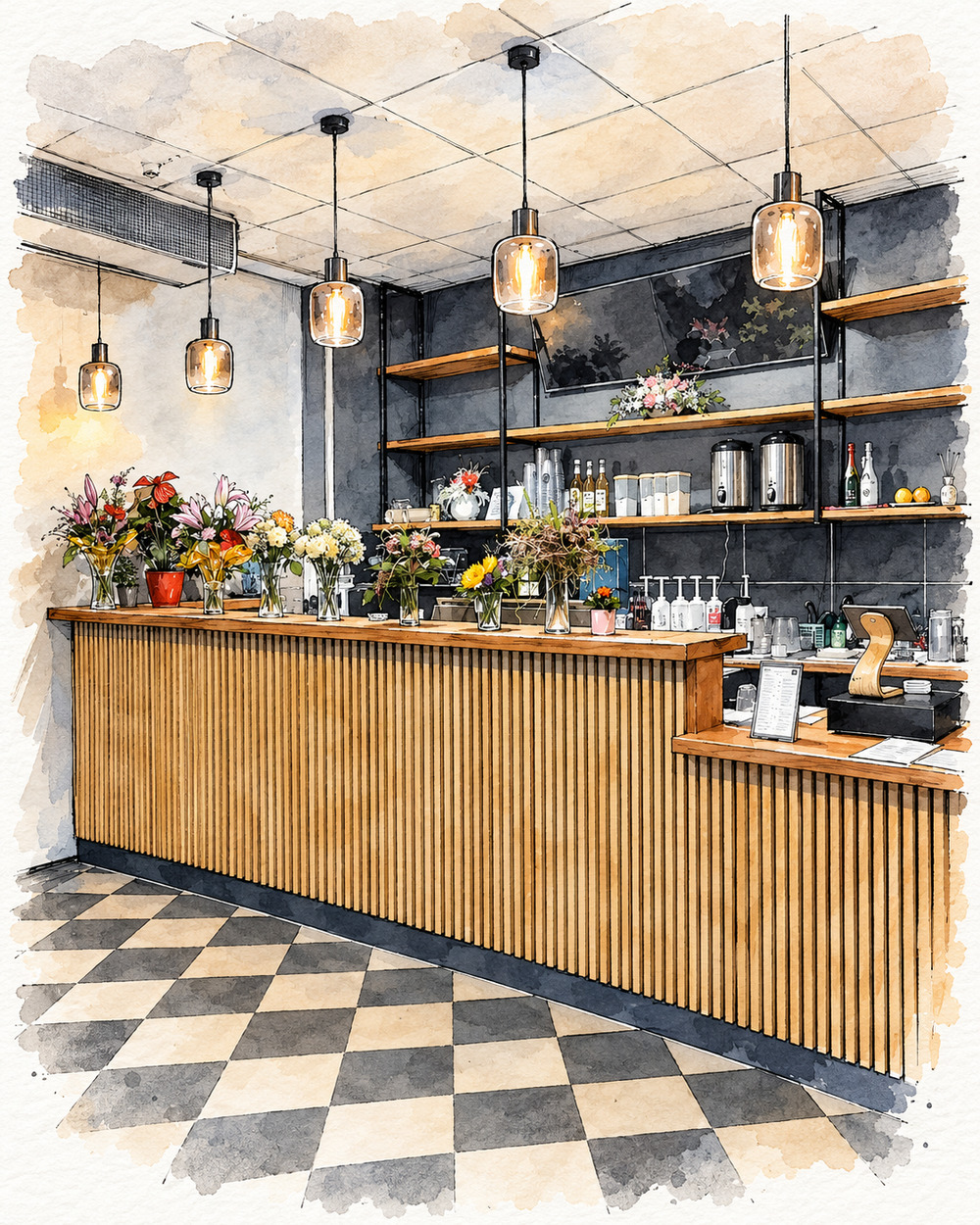 Tusche-Aquarell-Illustration des Innenraums von Yumi Kitchen in Chemnitz