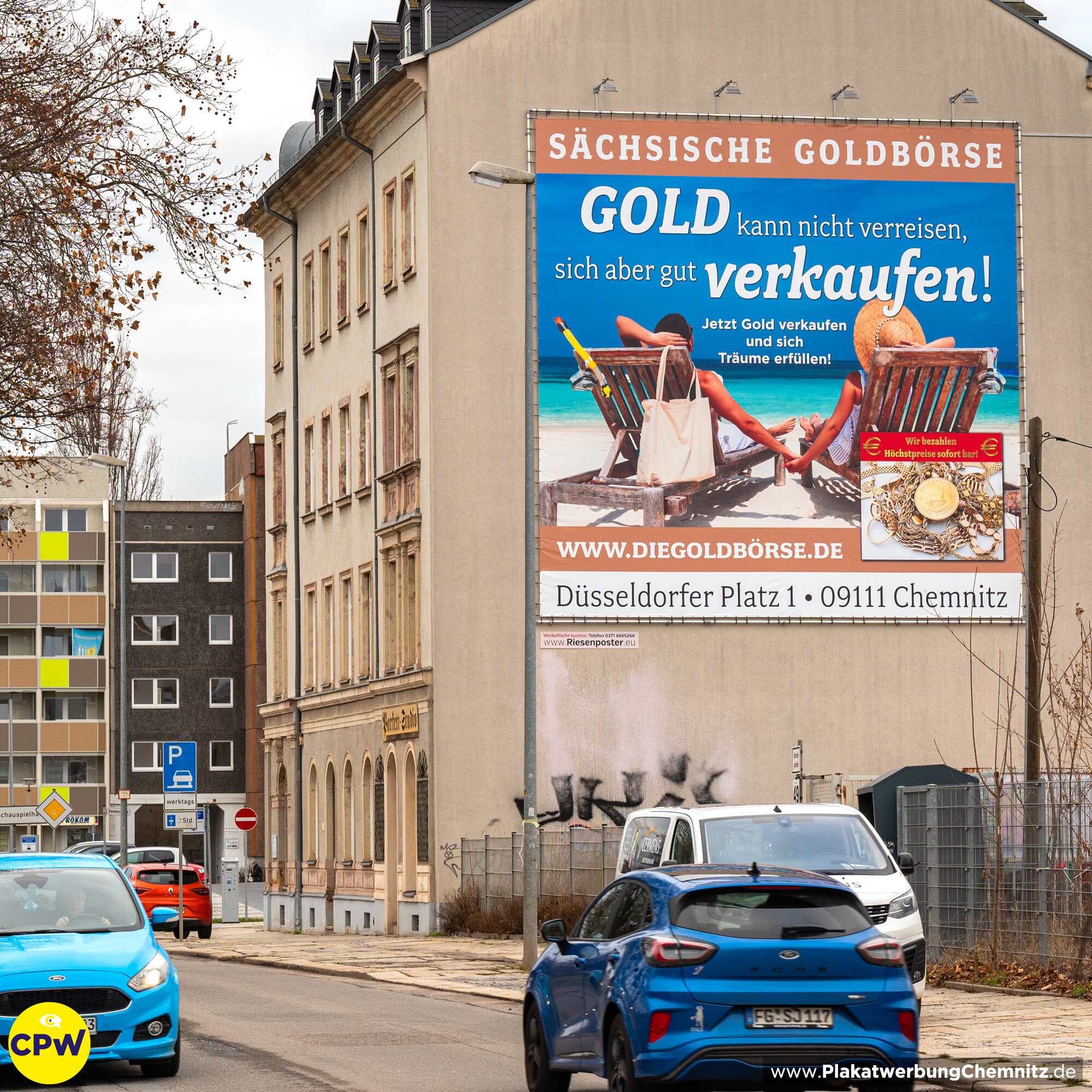 CPW Plakatwerbung Chemnitz - Werbefläche AUGUSTE 81m² - Sächsische Goldbörse