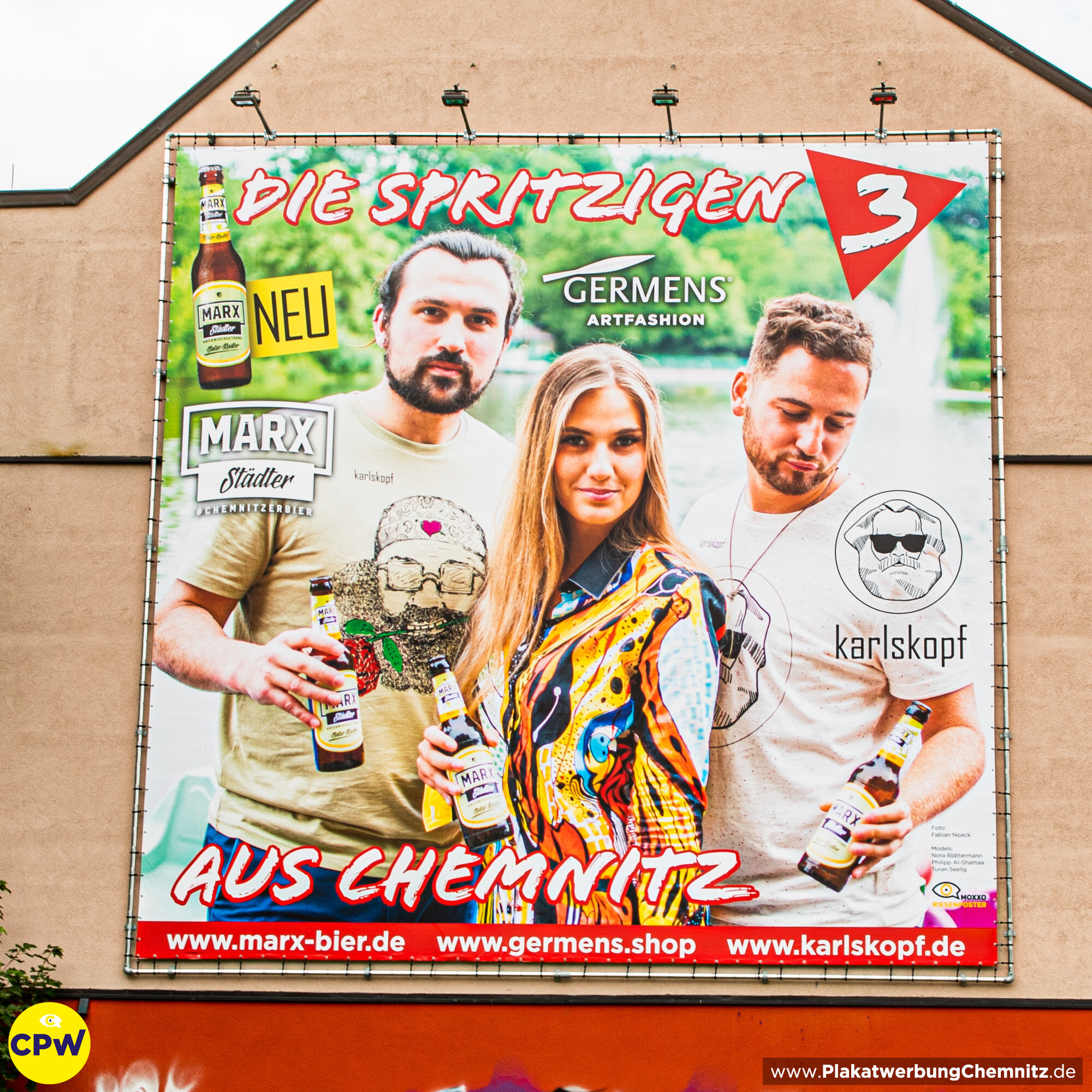 CPW Plakatwerbung Chemnitz - Werbefläche CLAUSI 64m² - Marx Bier - Karlskopf - GERMENS artfashion