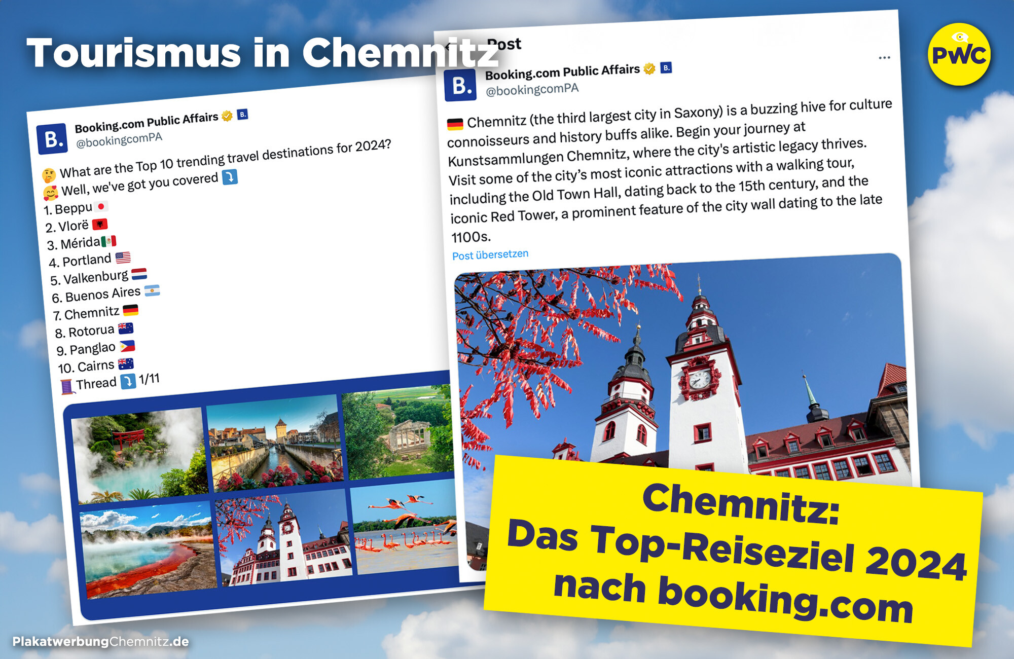 Tourismus Chemnitz - Top Ten Reiseziele 2024 nach booking.com - PWC Plakatwerbung Chemnitz