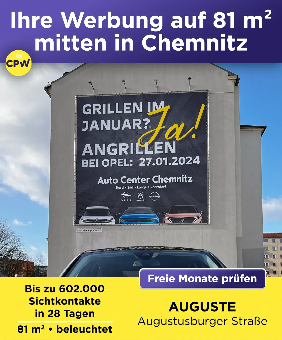Riesenposter AUGUSTE in Chemnitz mit Werbemotiv Grillen im März an einer 81 m² Außenwerbefläche