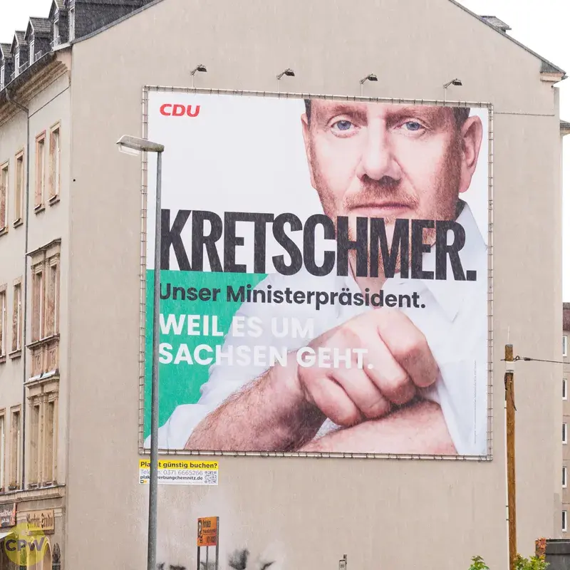 Wahlwerbung CDU Kretschmer - Riesenposter am 81 qm großen Außenwerbestandort AUGUSTE in Chemnitz