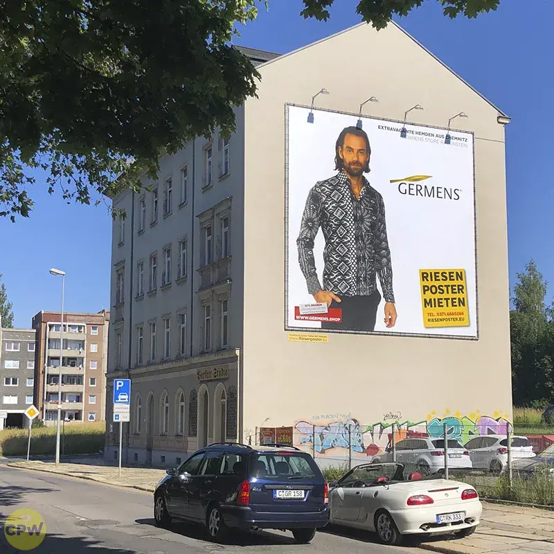 GERMENS artfashion - Riesenposter am 81 qm großen Außenwerbestandort AUGUSTE in Chemnitz