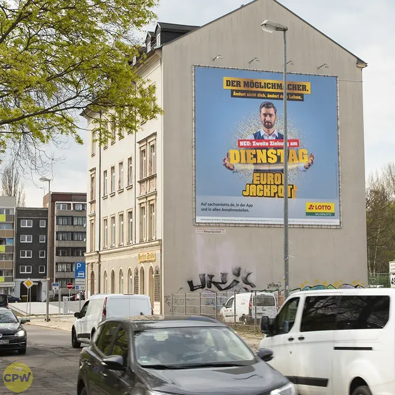 Lotto Sachsen EUROJACKPOT - Riesenposter am 81 qm großen Außenwerbestandort AUGUSTE in Chemnitz