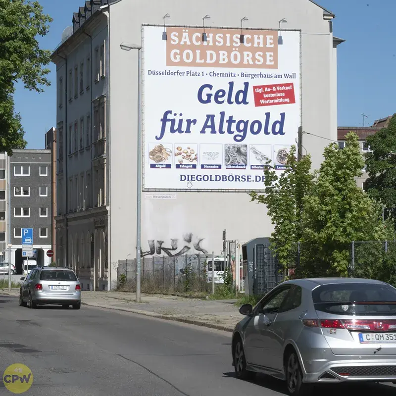 Sächsische Goldbörse - Riesenposter am 81 qm großen Außenwerbestandort AUGUSTE in Chemnitz