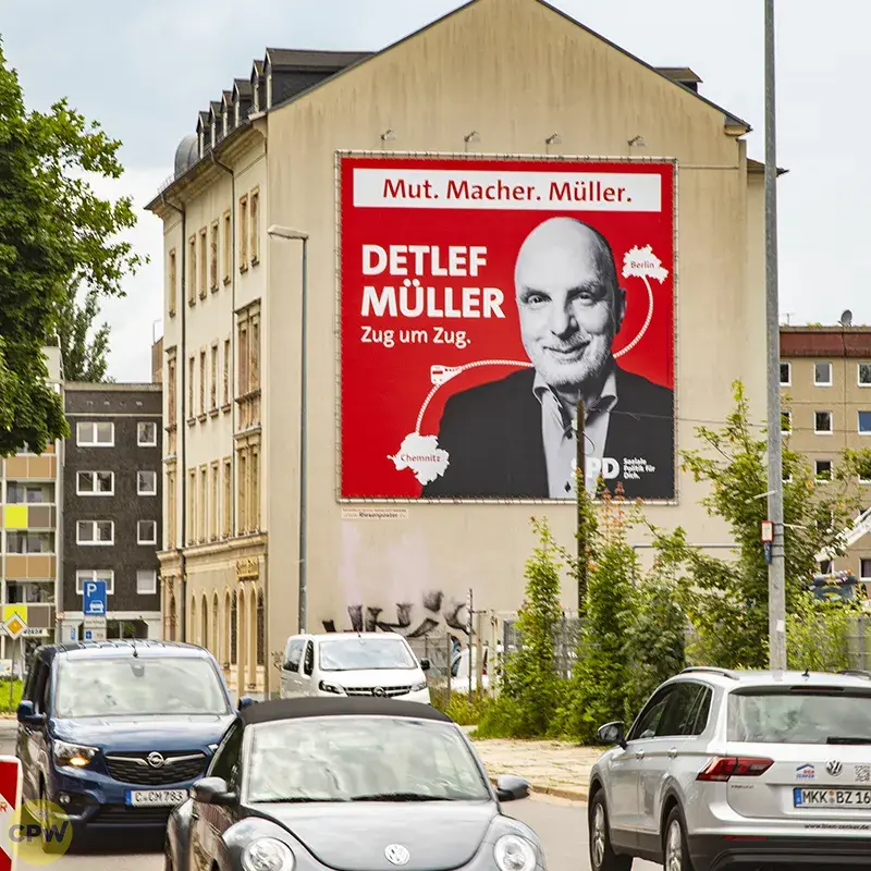 Wahlwerbung SPD - Riesenposter am 81 qm großen Außenwerbestandort AUGUSTE in Chemnitz