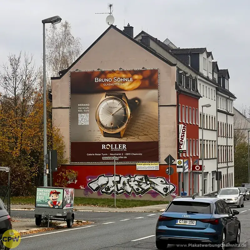 Juwelier Roller - Bruno Soehnle - Riesenposter am 64 qm großen Außenwerbestandort CLAUSI in Chemnitz