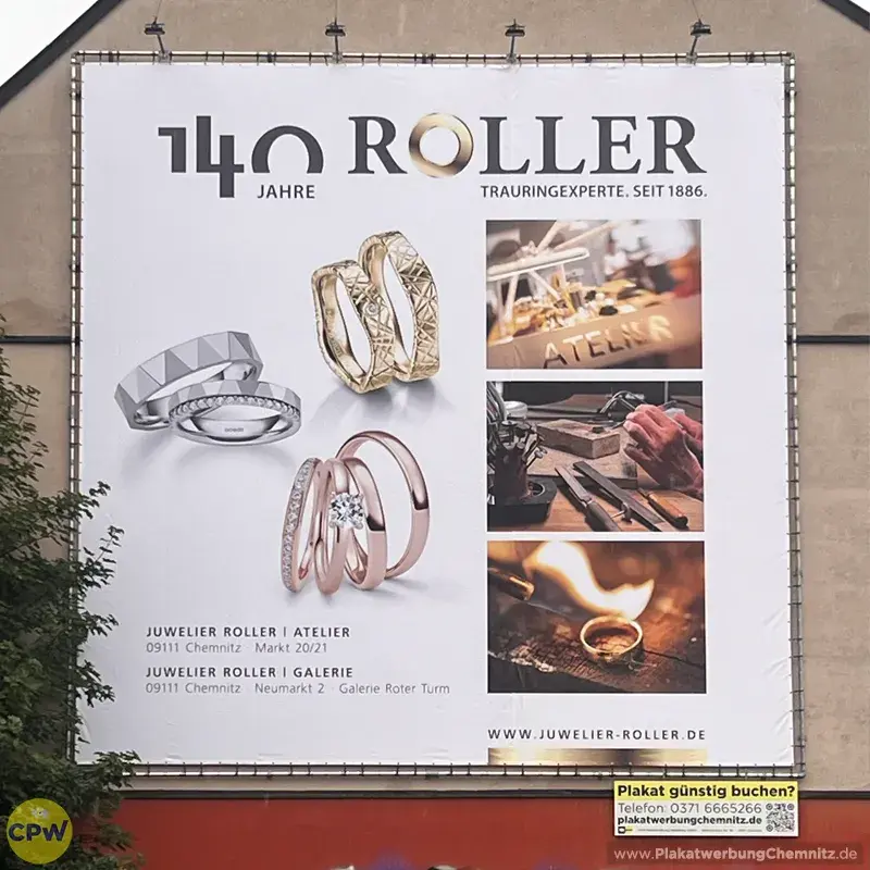 Juwelier Roller Trauringwochen - Riesenposter am 64 qm großen Außenwerbestandort CLAUSI in Chemnitz