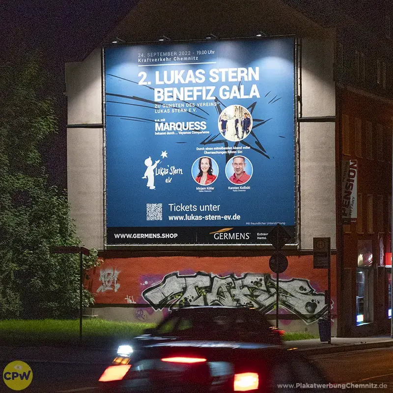Lukas Stern e.V.  - Riesenposter am 64 qm großen Außenwerbestandort CLAUSI in Chemnitz
