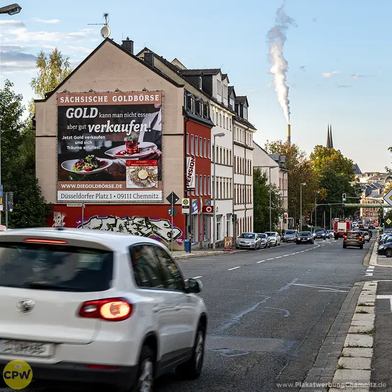 Sächsische Goldbörse - Riesenposter am 64 qm großen Außenwerbestandort CLAUSI in Chemnitz