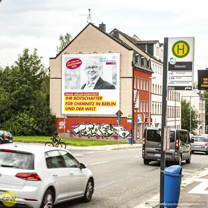 Wahlwerbung FDP - Riesenposter am 64 qm großen Außenwerbestandort CLAUSI in Chemnitz