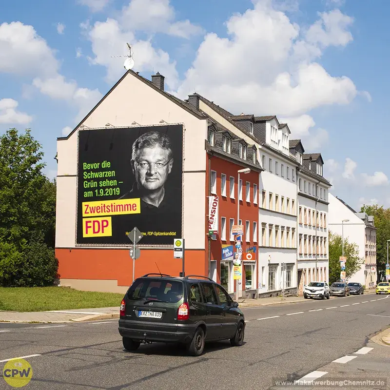 Wahlwerbung FDP - Riesenposter am 64 qm großen Außenwerbestandort CLAUSI in Chemnitz