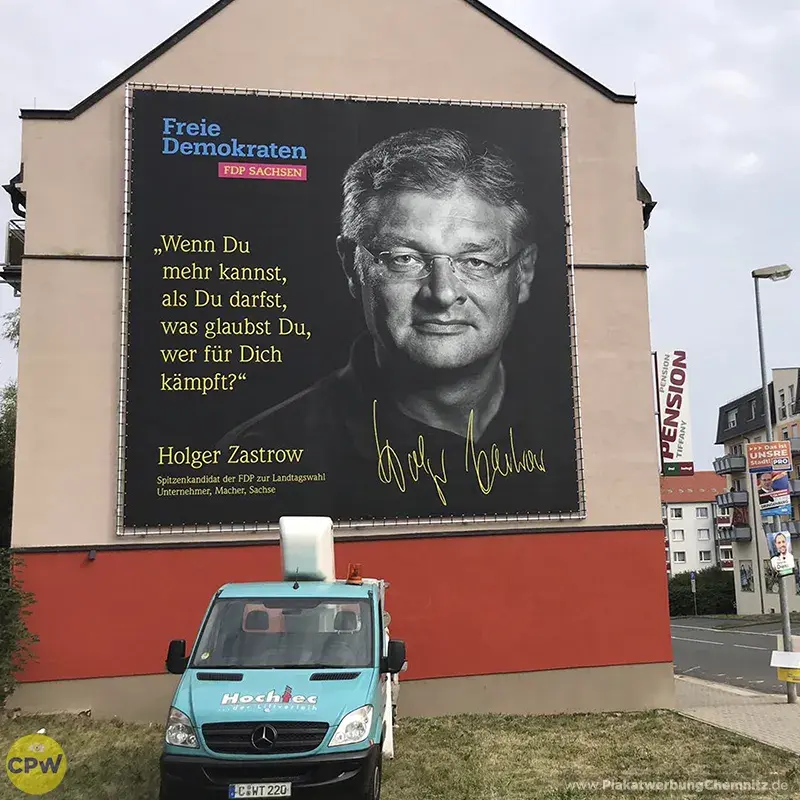 Wahlwerbung FDP - Riesenposter am 64 qm großen Außenwerbestandort CLAUSI in Chemnitz