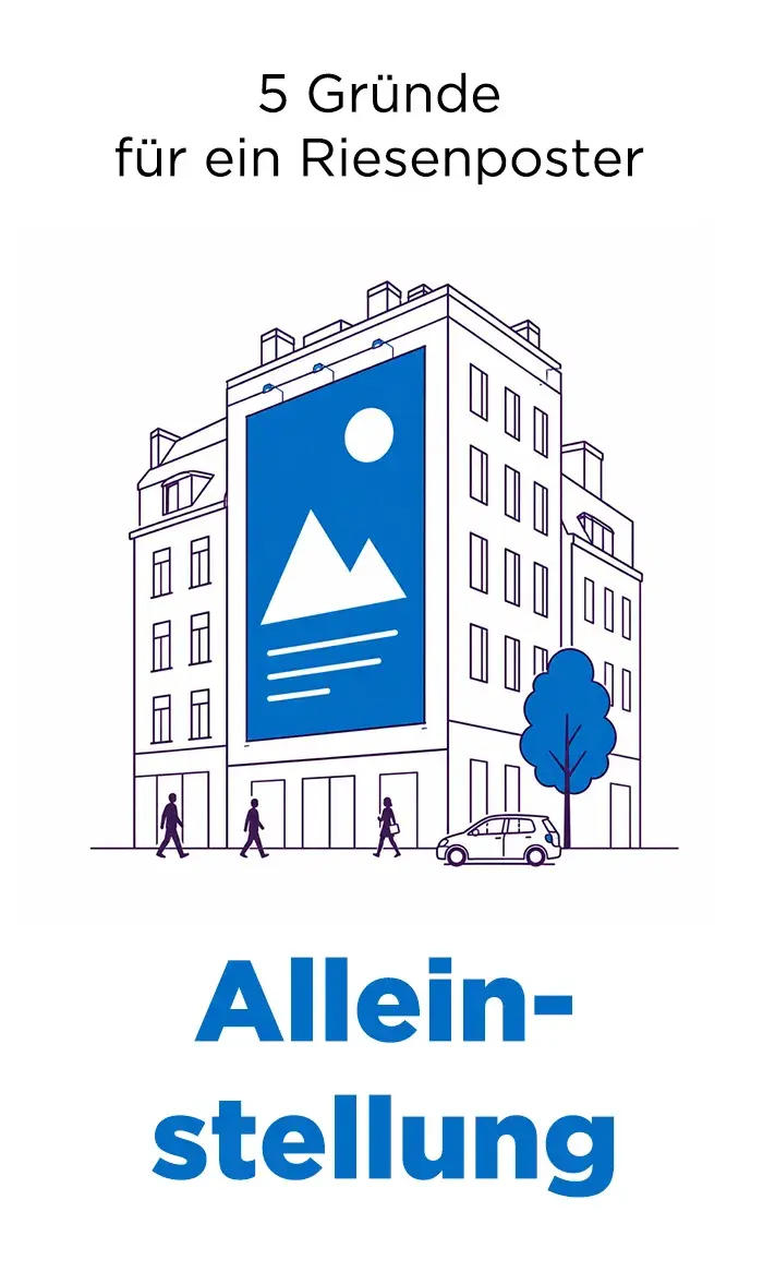 Grafik zu 5 Gründen für ein Riesenposter: Alleinstellung durch eine exklusive große Werbefläche an einer Hausfassade, die sich deutlich von anderen Werbeformen im Stadtbild abhebt.