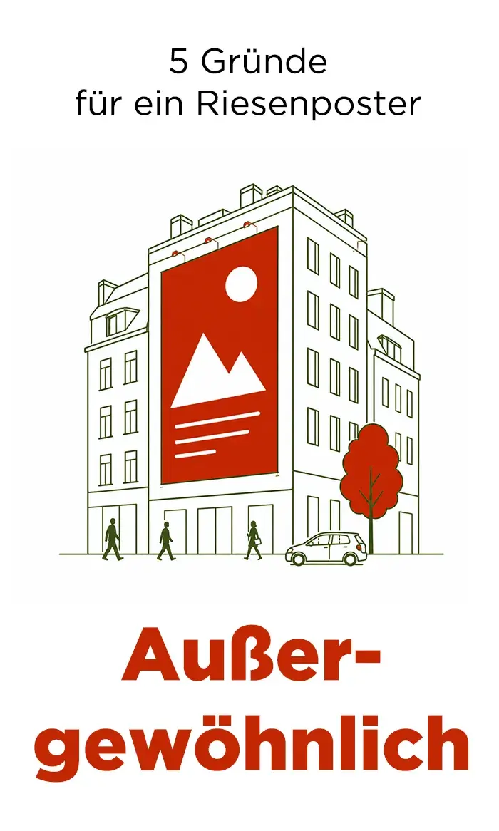 Grafik zu 5 Gründen für ein Riesenposter: Außergewöhnliche Außenwerbung mit großformatigem Werbemotiv an einer Hausfassade, sichtbar im öffentlichen Raum und deutlich auffälliger als klassische regionale Werbeformate.