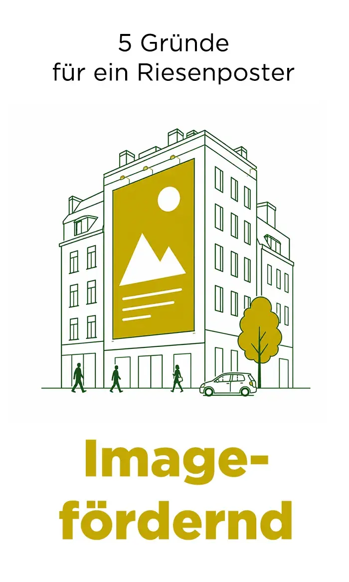 Grafik zu 5 Gründen für ein Riesenposter: Imagefördernde Außenwerbung durch eine große, hochwertige Werbefläche im Stadtbild, die Marke, Unternehmen oder Kampagne besonders präsent und professionell wirken lässt.