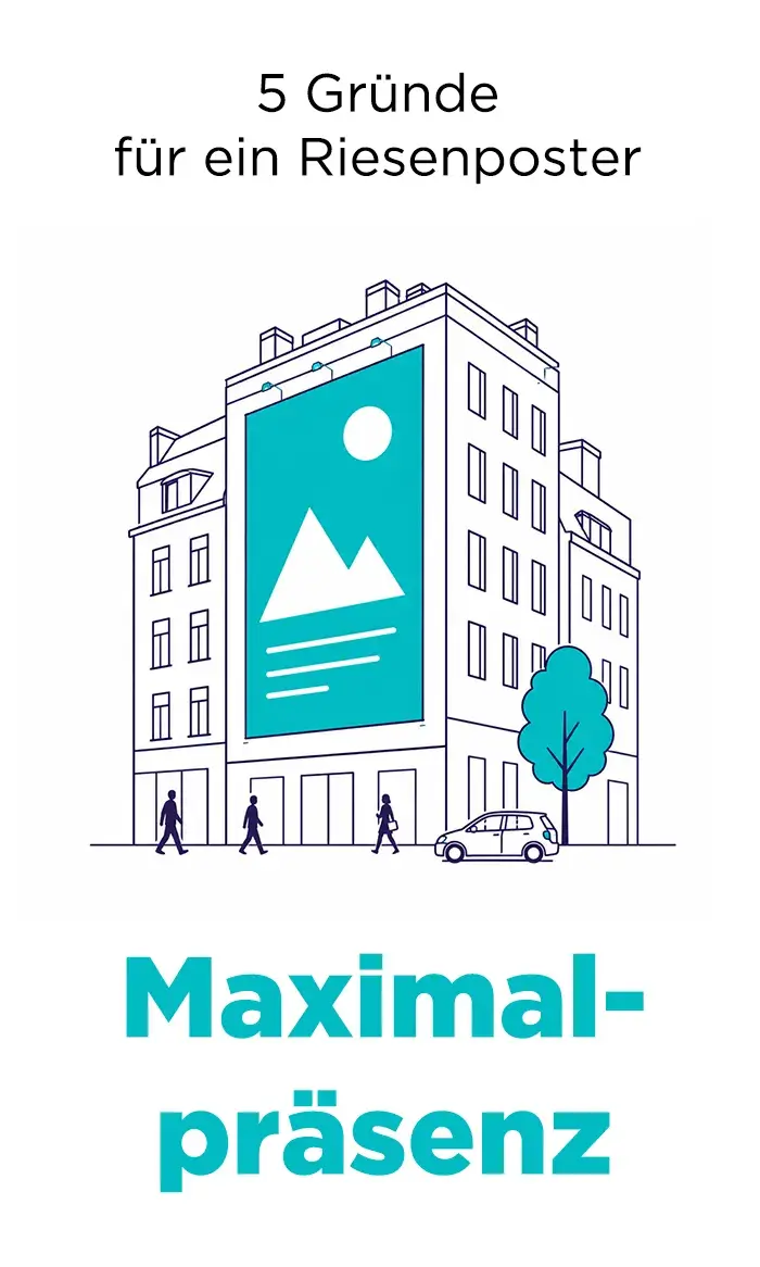 Grafik zu 5 Gründen für ein Riesenposter: Maximalpräsenz durch ein großformatiges Riesenposter an einer Hausfassade, das im öffentlichen Raum starke Sichtbarkeit und hohe Aufmerksamkeit erzeugt.