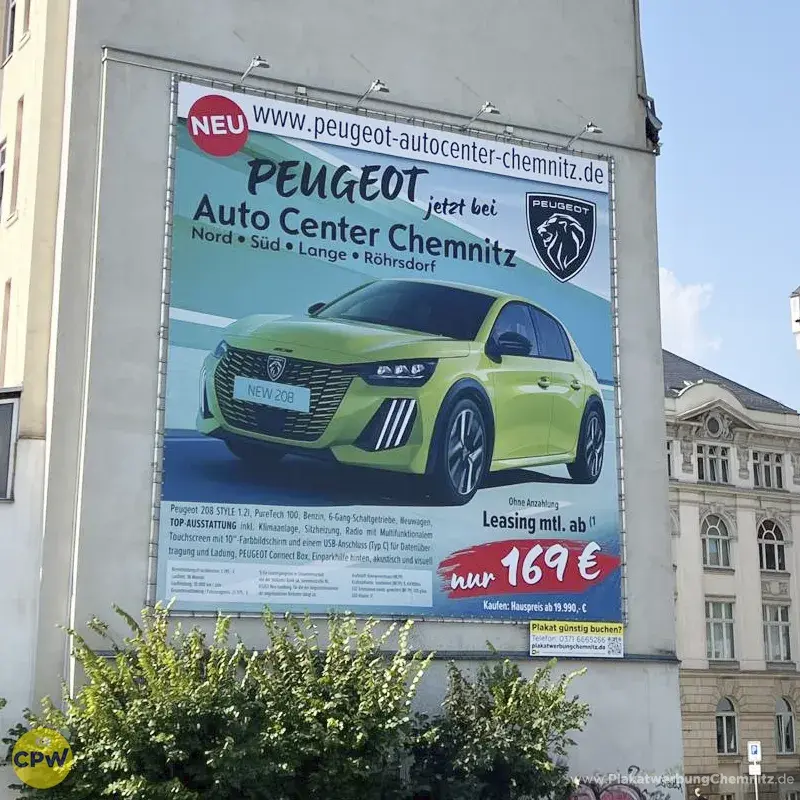Auto Center Chemnitz PEUGEOT - Riesenposter am 81 qm großen Außenwerbestandort HARTI in Chemnitz