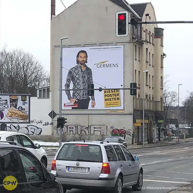 GERMENS artfashion - Riesenposter am 81 qm großen Außenwerbestandort HARTI in Chemnitz