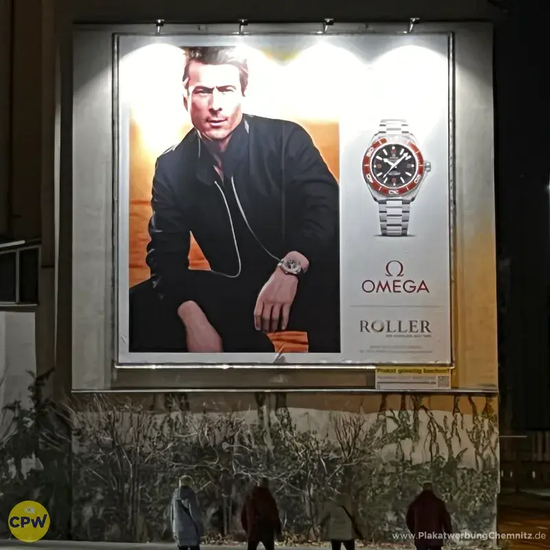  Juwelier Roller OMEGA Uhren - Riesenposter am 81 qm großen Außenwerbestandort HARTI in Chemnitz