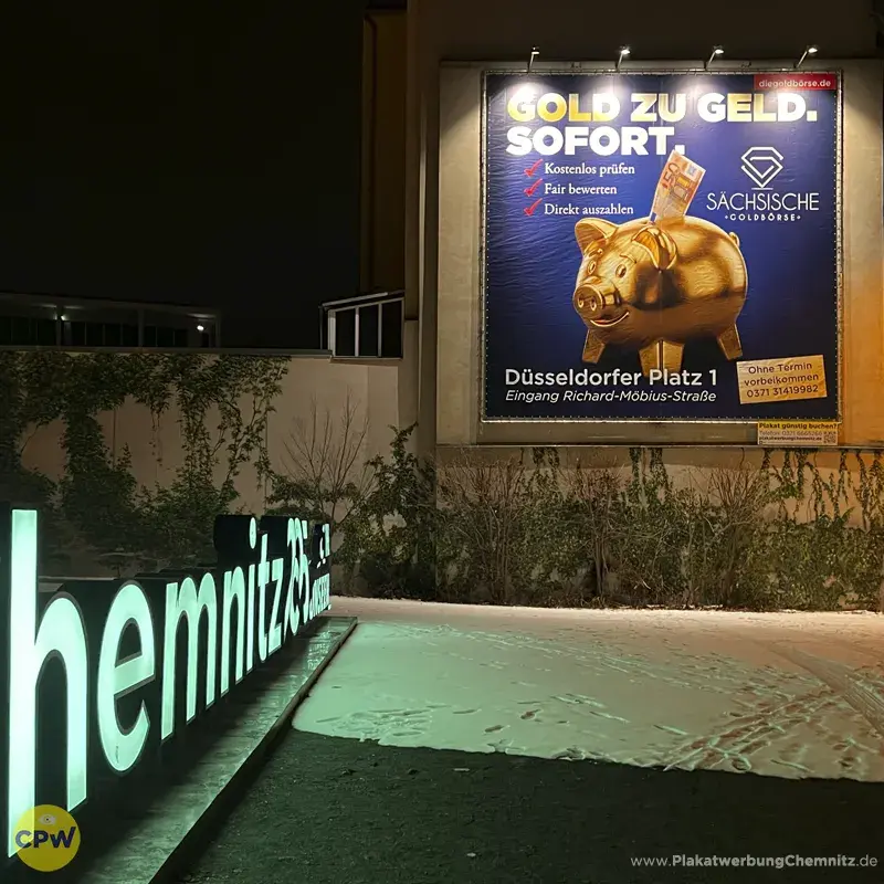 Sächsische Goldbörse - Riesenposter am 81 qm großen Außenwerbestandort HARTI in Chemnitz