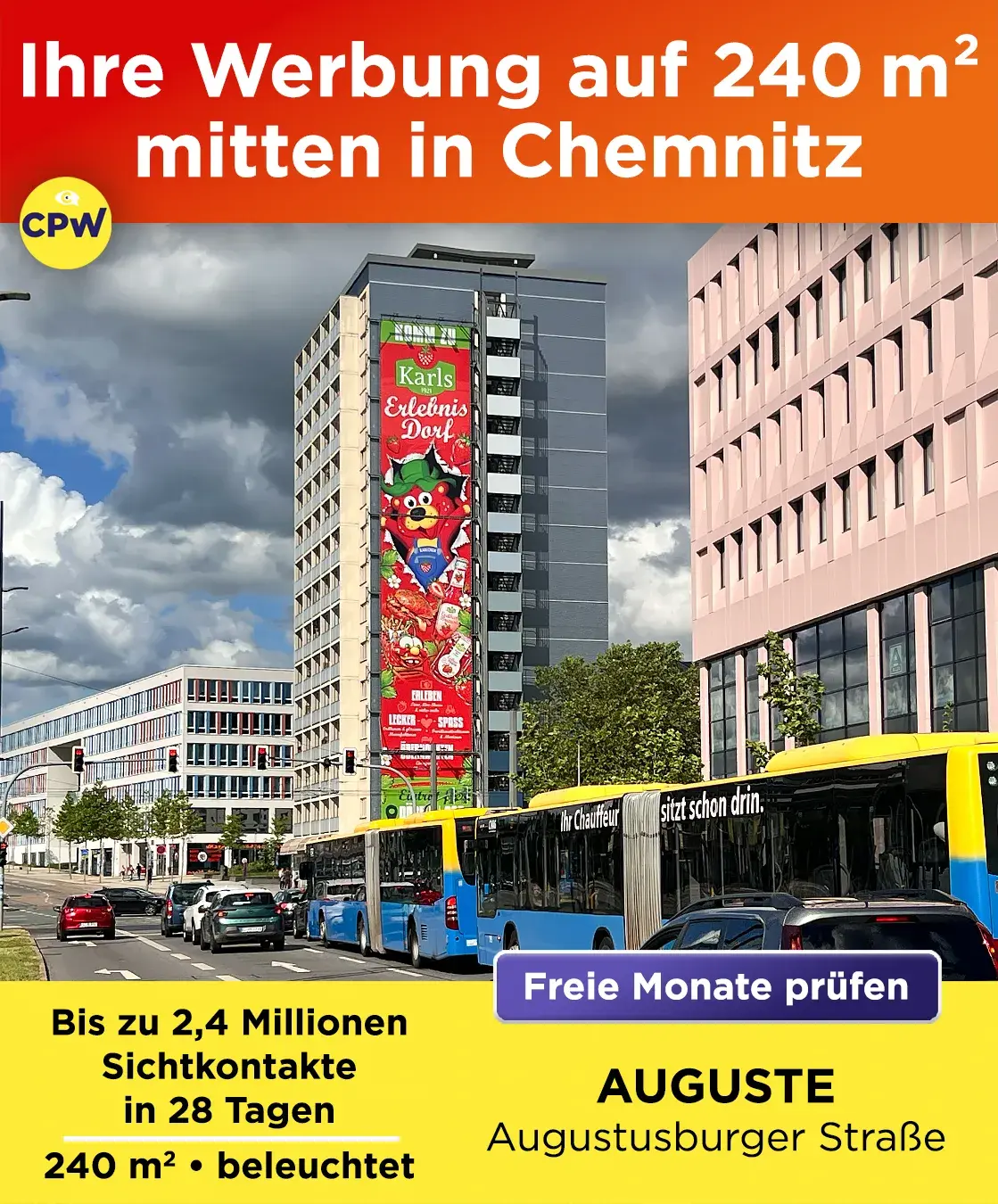 Riesenposter am MEGA Ad Tower - Innenstadt Chemnitz - bis 2,4 Millionen Kontakte im Monat