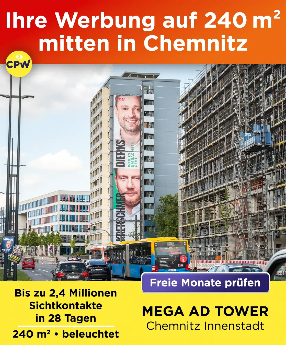 Riesenposter am MEGA Ad Tower Wahlwerbung CDU