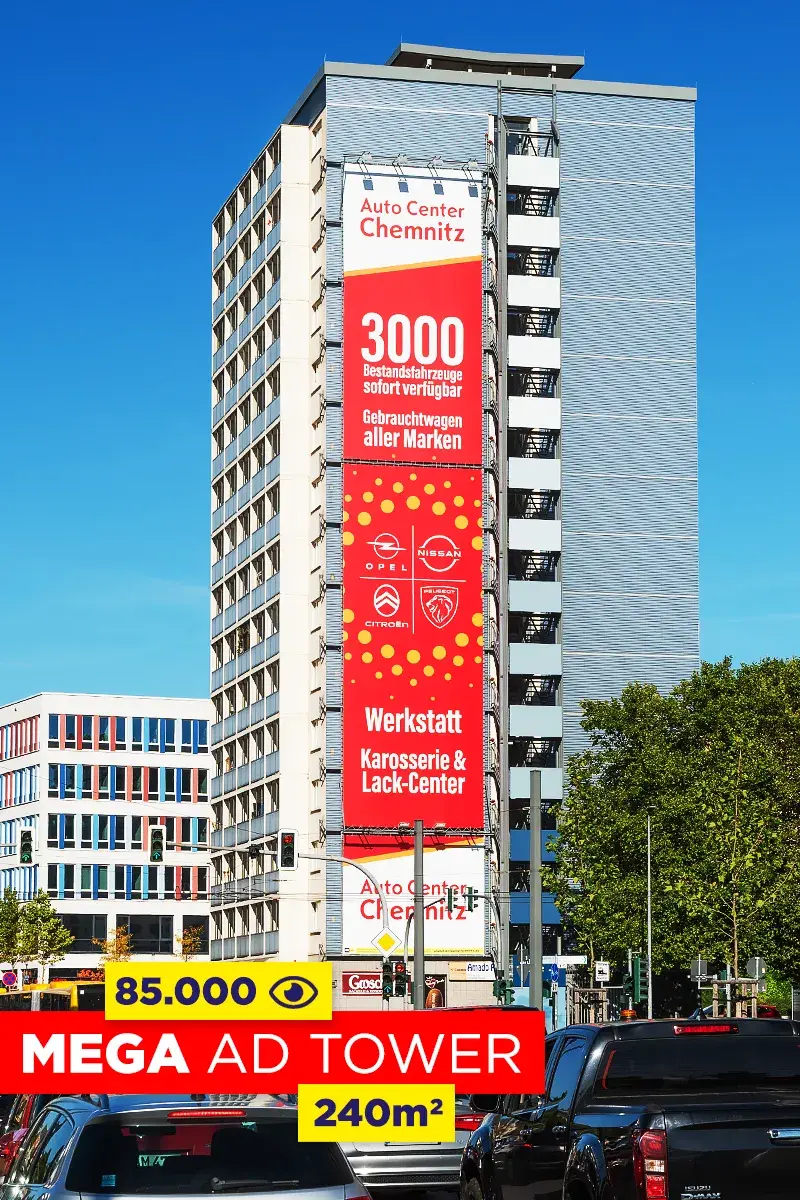 Riesenposter am MEGA Ad Tower Autohaus Chemnitz