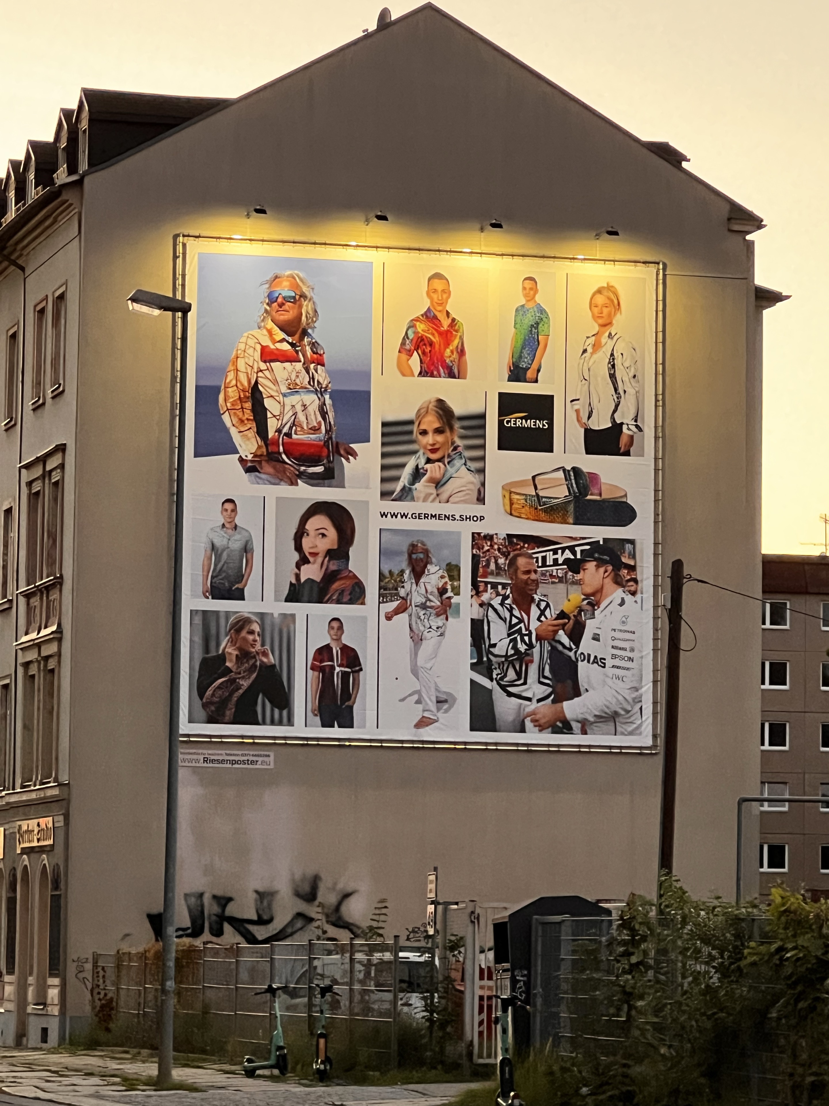 GERMENS-Modecollage mit Männern und Frauen in Hemden, Bluse und Schals sowie einem Gürtel