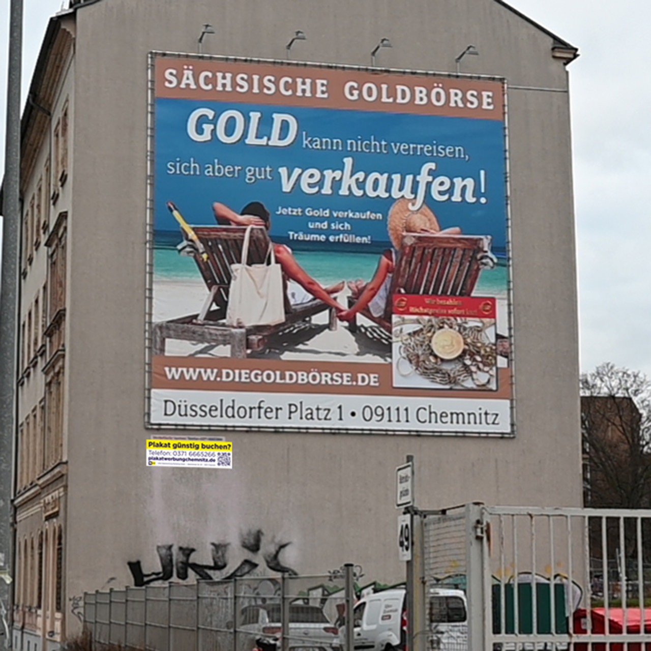 Quadratisches Riesenposter der Sächsischen Goldbörse mit Urlaubsmotiv